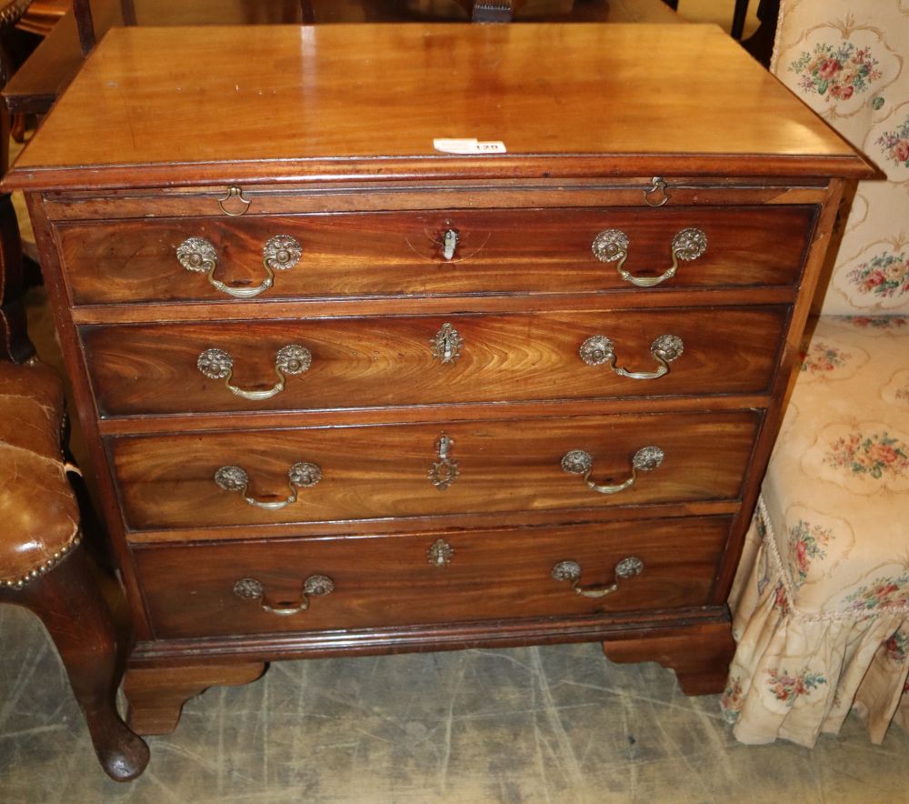 A small George III mahogany chest with brushing slide, four graduated drawers, on later ogee bracket feet, W.80cm, D.44cm, H.50cm